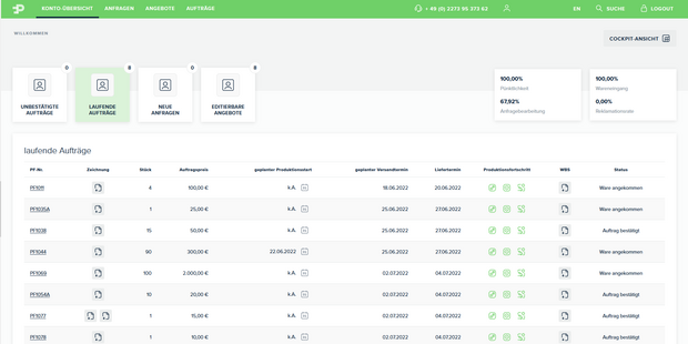 Tab-Ansicht Produzentenportal von PART FACTORY Tab-Ansicht Produzentenportal von PART FACTORY